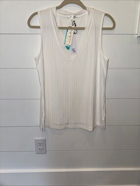 Nine Britton White Ribbed V-Neck Tank Ailee Rib V neck Tank with Side Slits